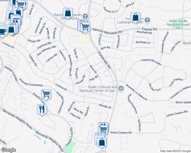 map of restaurants, bars, coffee shops, grocery stores, and more near 12470 Pipo Road in San Diego