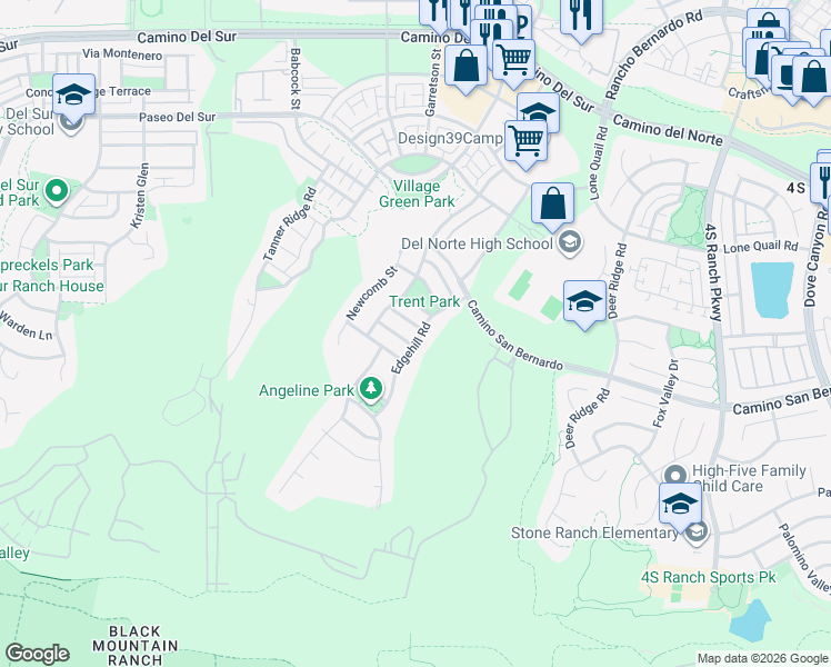 map of restaurants, bars, coffee shops, grocery stores, and more near 15919 Simons Lane in San Diego