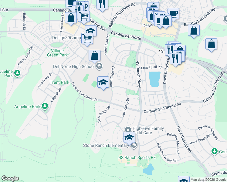 map of restaurants, bars, coffee shops, grocery stores, and more near 9807 Fox Valley Way in San Diego