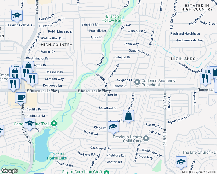 map of restaurants, bars, coffee shops, grocery stores, and more near 2004 Lorient Drive in Carrollton