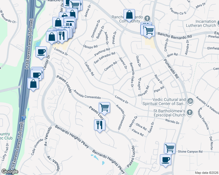 map of restaurants, bars, coffee shops, grocery stores, and more near 12179 Callado Road in San Diego