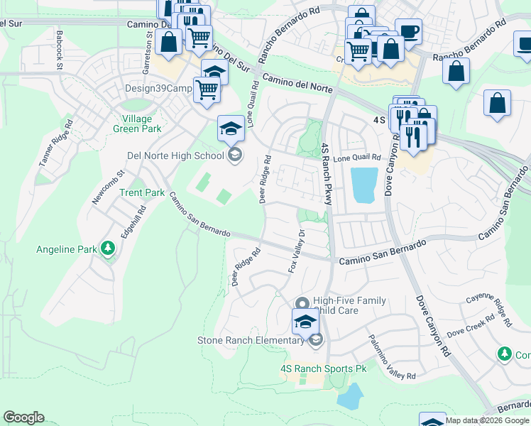 map of restaurants, bars, coffee shops, grocery stores, and more near Deer Ridge Road in San Diego