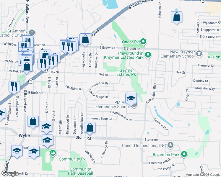 map of restaurants, bars, coffee shops, grocery stores, and more near 303 Tanglewood Drive in Wylie