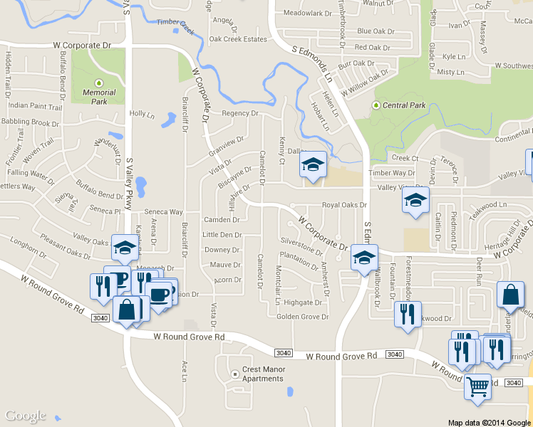 map of restaurants, bars, coffee shops, grocery stores, and more near 2059 Camelot Drive in Lewisville