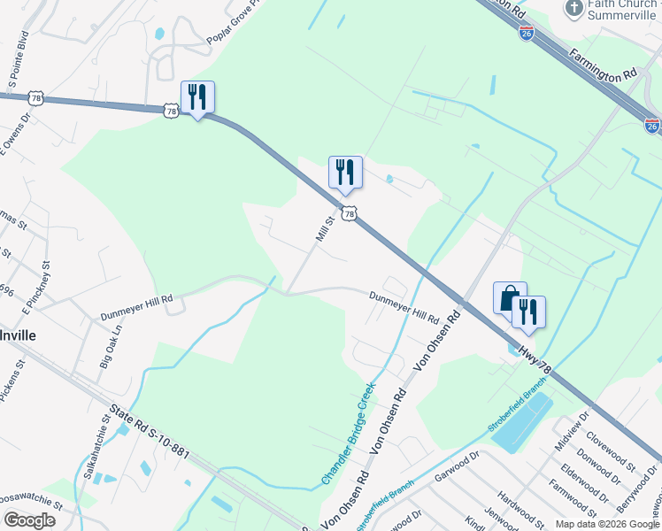 map of restaurants, bars, coffee shops, grocery stores, and more near 3245 Mill Street in Summerville