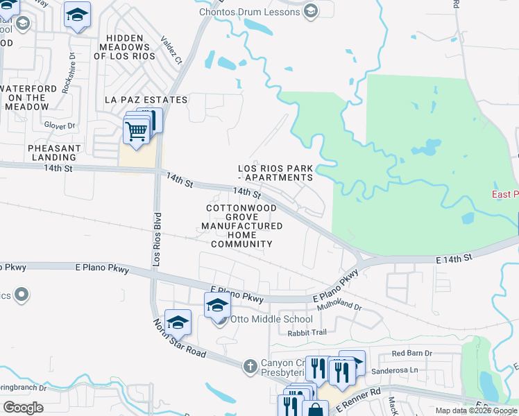 map of restaurants, bars, coffee shops, grocery stores, and more near 1324 Gibraltar Street in Plano