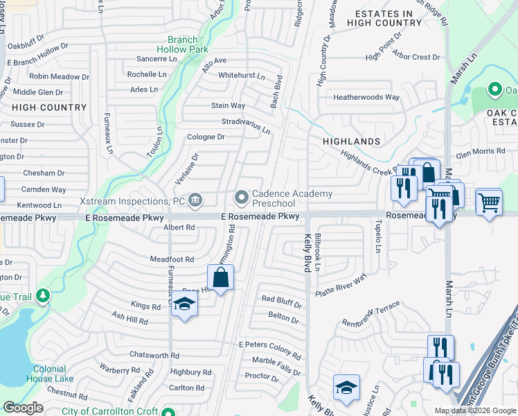 map of restaurants, bars, coffee shops, grocery stores, and more near 2155 East Rosemeade Parkway in Carrollton