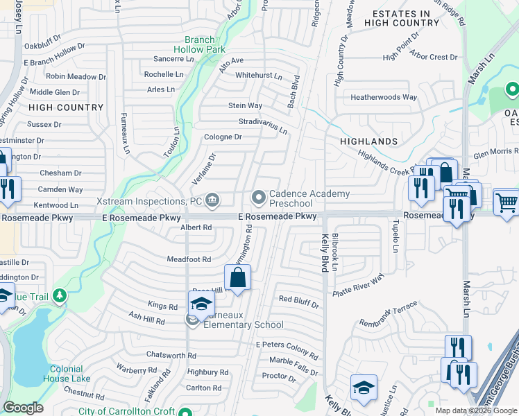map of restaurants, bars, coffee shops, grocery stores, and more near 2117 East Rosemeade Parkway in Carrollton