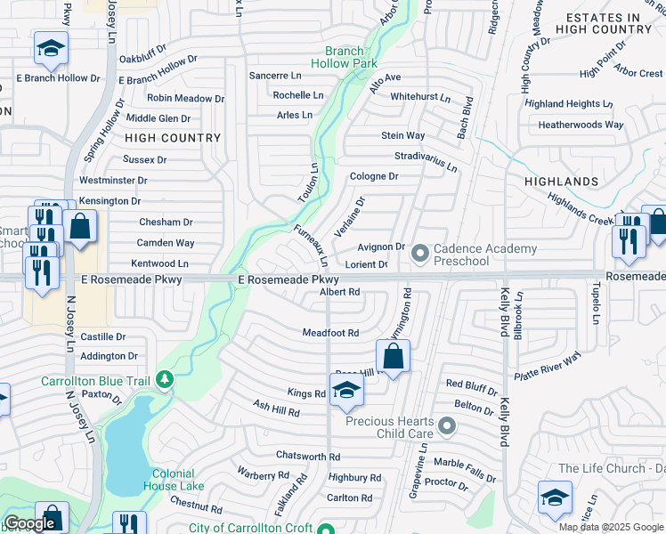 map of restaurants, bars, coffee shops, grocery stores, and more near 2004 Lorient Drive in Carrollton