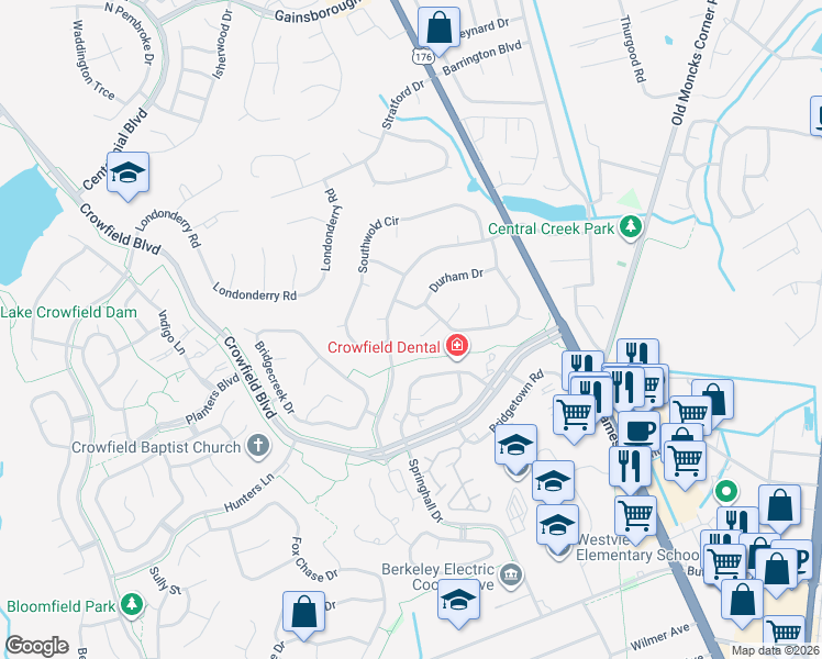 map of restaurants, bars, coffee shops, grocery stores, and more near 106 Kendall Court in Goose Creek