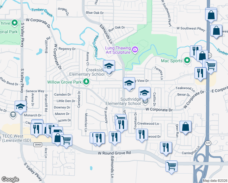 map of restaurants, bars, coffee shops, grocery stores, and more near 2059 Whispering Cove in Lewisville