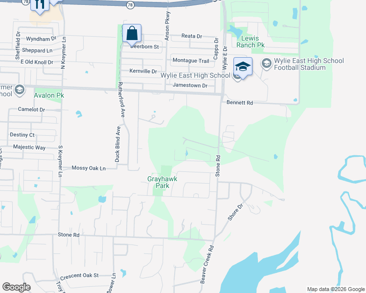 map of restaurants, bars, coffee shops, grocery stores, and more near 2655 East Stone Road in Wylie