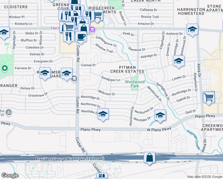 map of restaurants, bars, coffee shops, grocery stores, and more near 1816 Dartbrook Drive in Plano
