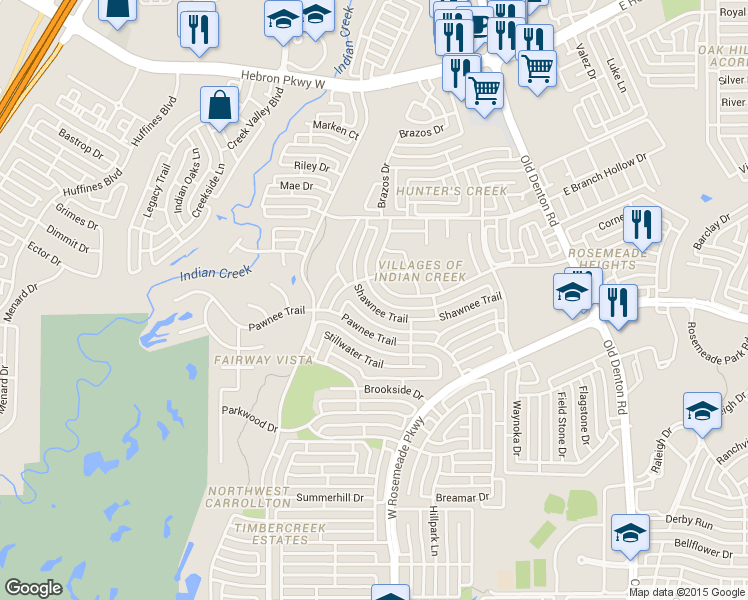 map of restaurants, bars, coffee shops, grocery stores, and more near 1212 Shawnee Trail in Carrollton