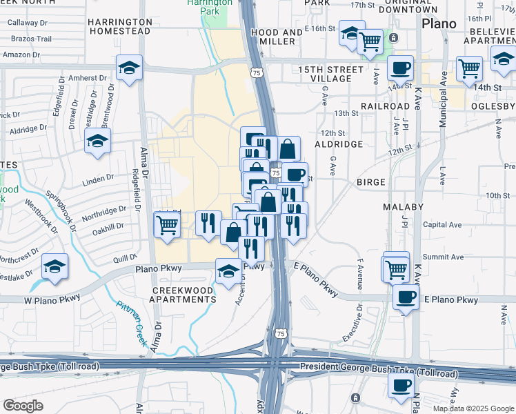 map of restaurants, bars, coffee shops, grocery stores, and more near 901 N Central Expy in Plano
