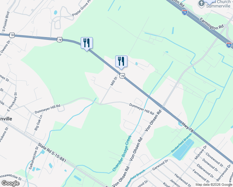 map of restaurants, bars, coffee shops, grocery stores, and more near 3245 Mill Street in Summerville