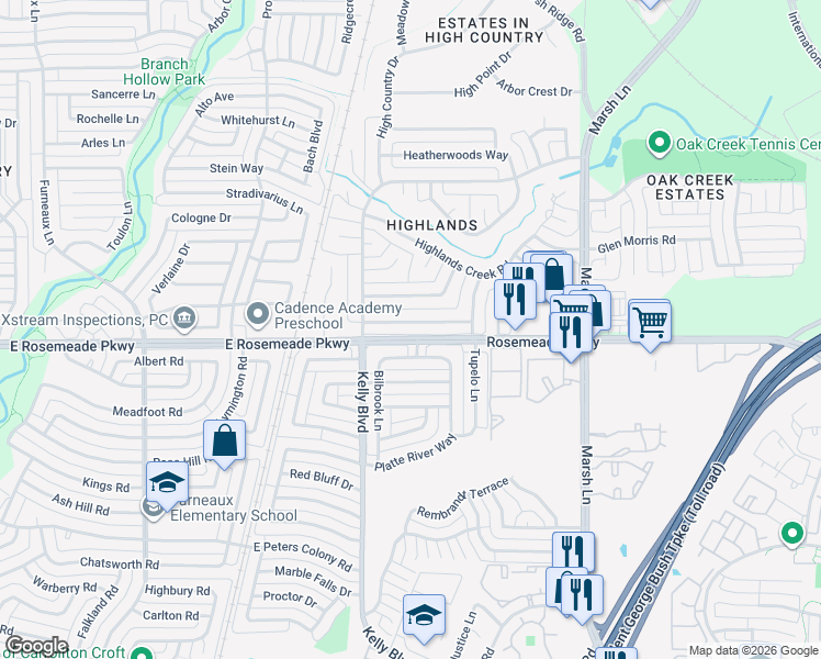 map of restaurants, bars, coffee shops, grocery stores, and more near 2314 Stone Glen Lane in Carrollton