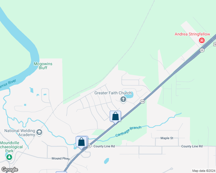 map of restaurants, bars, coffee shops, grocery stores, and more near 16362 Pottery Lane in Moundville