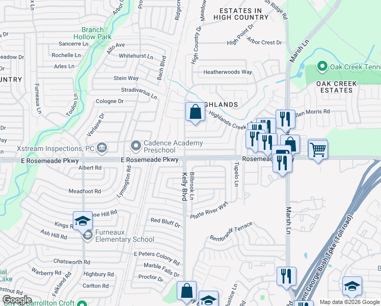 map of restaurants, bars, coffee shops, grocery stores, and more near 2302 Stone Glen Ln in Carrollton
