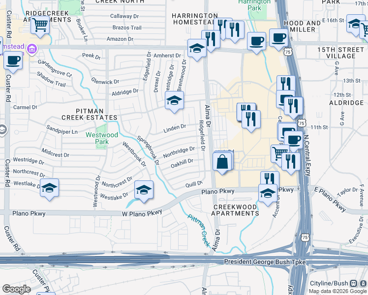 map of restaurants, bars, coffee shops, grocery stores, and more near 1301 Northridge Drive in Plano