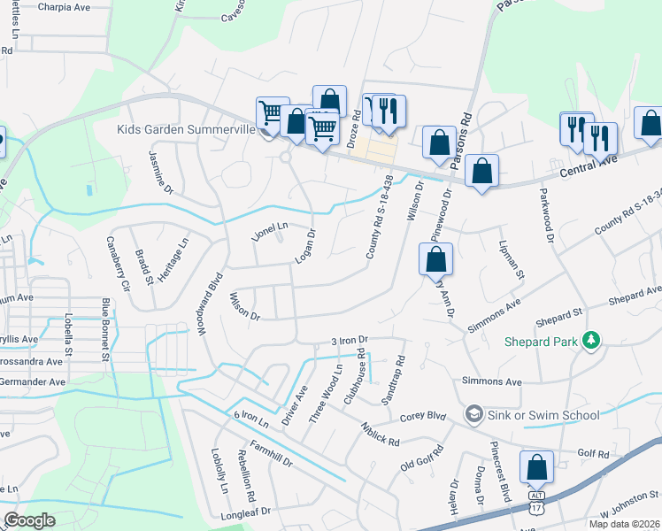 map of restaurants, bars, coffee shops, grocery stores, and more near 115 Pamela Lane in Summerville