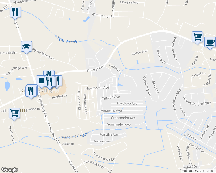 map of restaurants, bars, coffee shops, grocery stores, and more near 121 Dandelion Street in Summerville