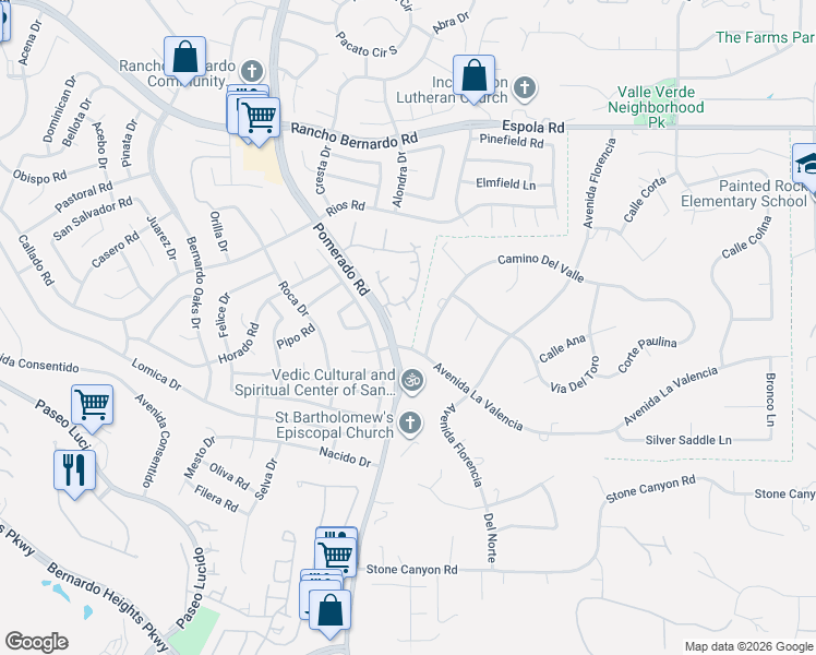 map of restaurants, bars, coffee shops, grocery stores, and more near 12812 Camino Del Valle in Poway