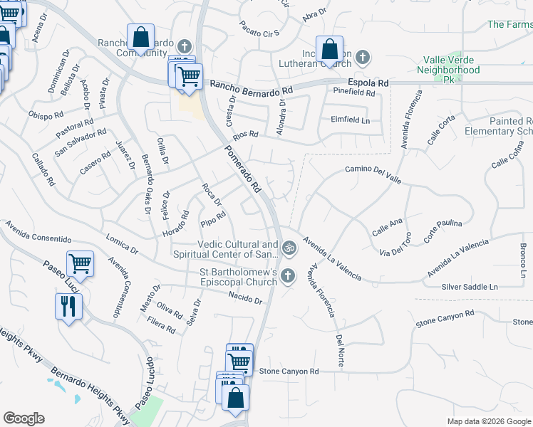 map of restaurants, bars, coffee shops, grocery stores, and more near 16377 Gabarda Road in San Diego
