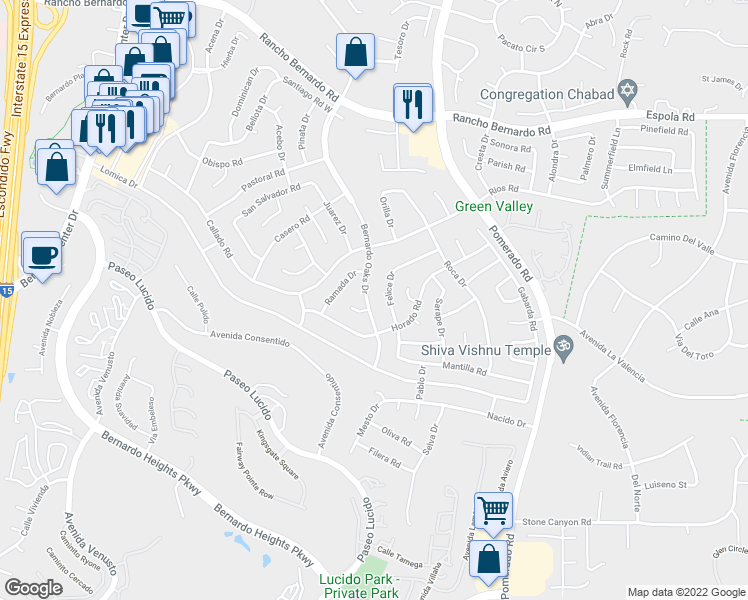 map of restaurants, bars, coffee shops, grocery stores, and more near 12260 Nivel Court in San Diego