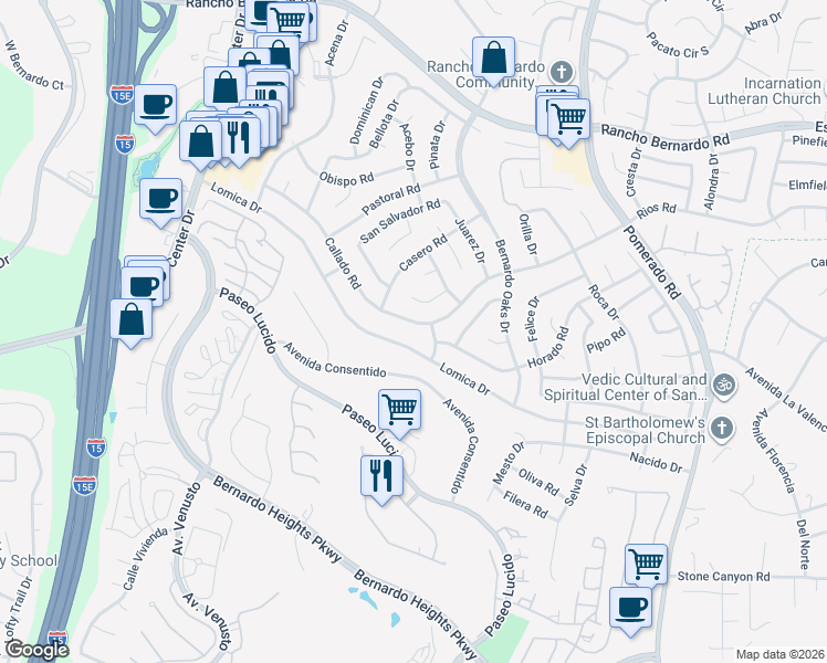 map of restaurants, bars, coffee shops, grocery stores, and more near 12179 Callado Road in San Diego