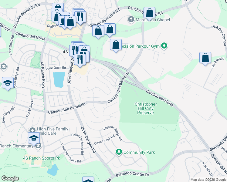 map of restaurants, bars, coffee shops, grocery stores, and more near 10840 La Alberca Avenue in San Diego