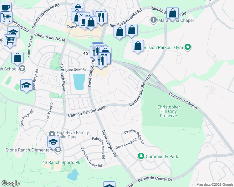 map of restaurants, bars, coffee shops, grocery stores, and more near 16511 San Rufo Court in San Diego