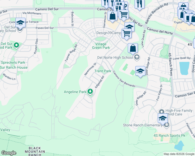 map of restaurants, bars, coffee shops, grocery stores, and more near 15919 Simons Lane in San Diego