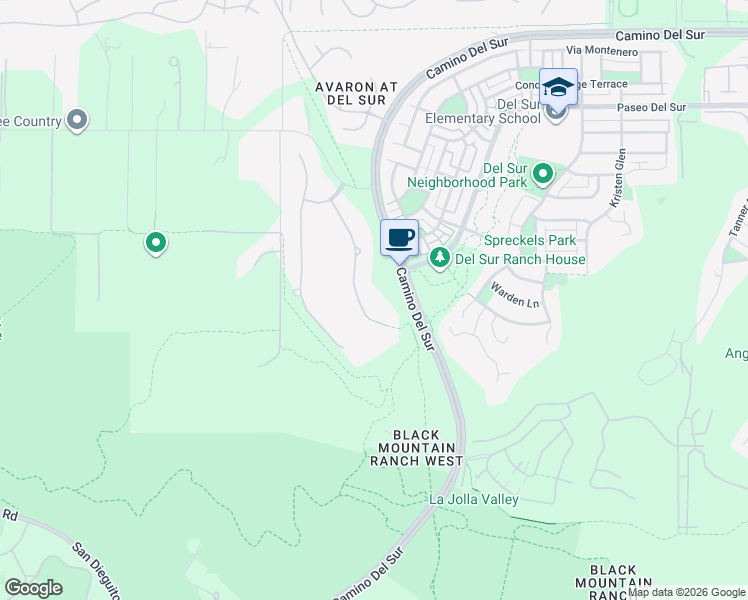 map of restaurants, bars, coffee shops, grocery stores, and more near 15445 Artesian Spring Road in San Diego