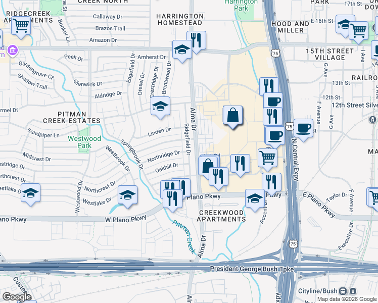 map of restaurants, bars, coffee shops, grocery stores, and more near 809 Ridgefield Drive in Plano