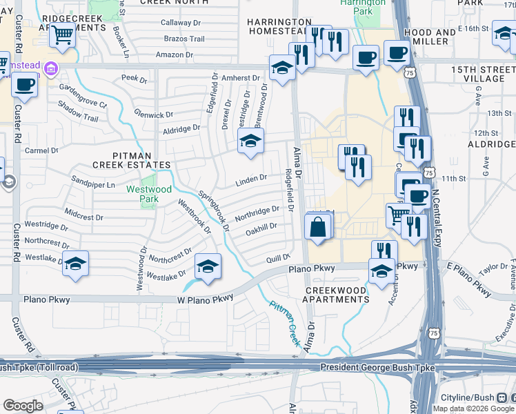 map of restaurants, bars, coffee shops, grocery stores, and more near 1301 Northridge Drive in Plano