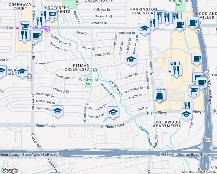 map of restaurants, bars, coffee shops, grocery stores, and more near 904 Westbrook Drive in Plano
