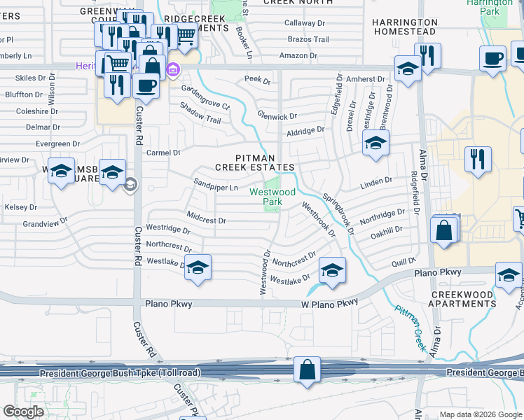 map of restaurants, bars, coffee shops, grocery stores, and more near 1712 Poinciana Lane in Plano