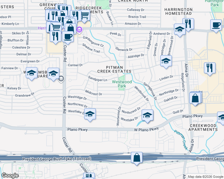map of restaurants, bars, coffee shops, grocery stores, and more near 1732 Poinciana Lane in Plano