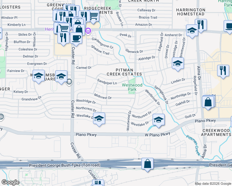 map of restaurants, bars, coffee shops, grocery stores, and more near 1732 Poinciana Lane in Plano