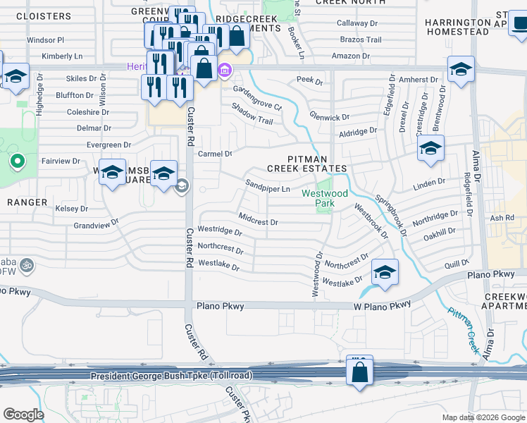 map of restaurants, bars, coffee shops, grocery stores, and more near 1816 Dartbrook Drive in Plano