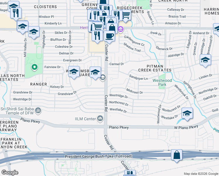 map of restaurants, bars, coffee shops, grocery stores, and more near 2037 Midcrest Drive in Plano