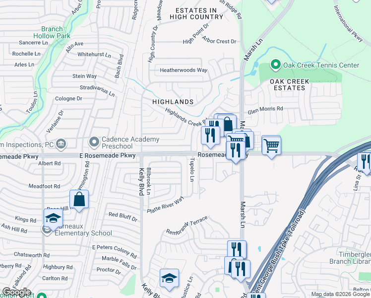 map of restaurants, bars, coffee shops, grocery stores, and more near 2328 Stone Glen Lane in Carrollton