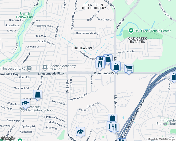 map of restaurants, bars, coffee shops, grocery stores, and more near 2328 Stone Glen Lane in Carrollton