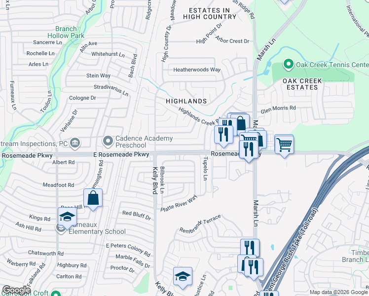 map of restaurants, bars, coffee shops, grocery stores, and more near 2314 Stone Glen Lane in Carrollton