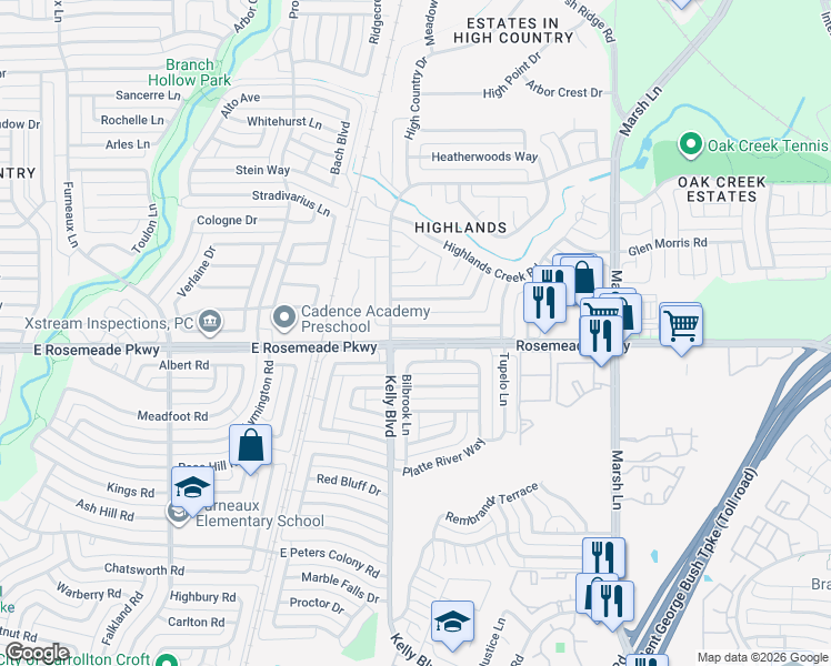 map of restaurants, bars, coffee shops, grocery stores, and more near 2302 Stone Glen Lane in Carrollton