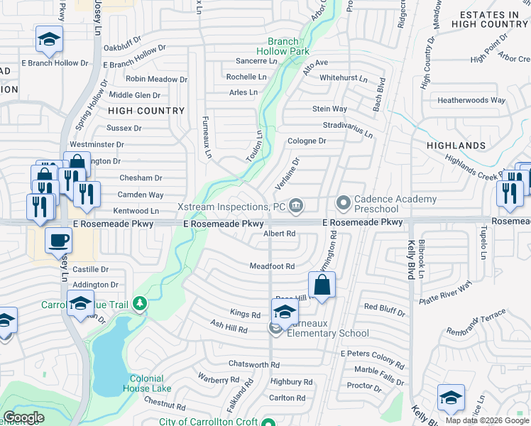 map of restaurants, bars, coffee shops, grocery stores, and more near 2004 Lorient Drive in Carrollton