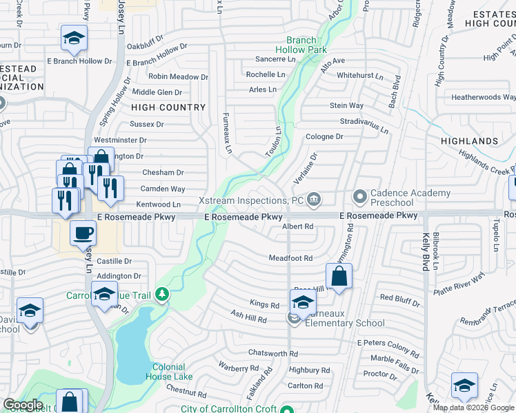 map of restaurants, bars, coffee shops, grocery stores, and more near 1922 Avignon Court in Carrollton