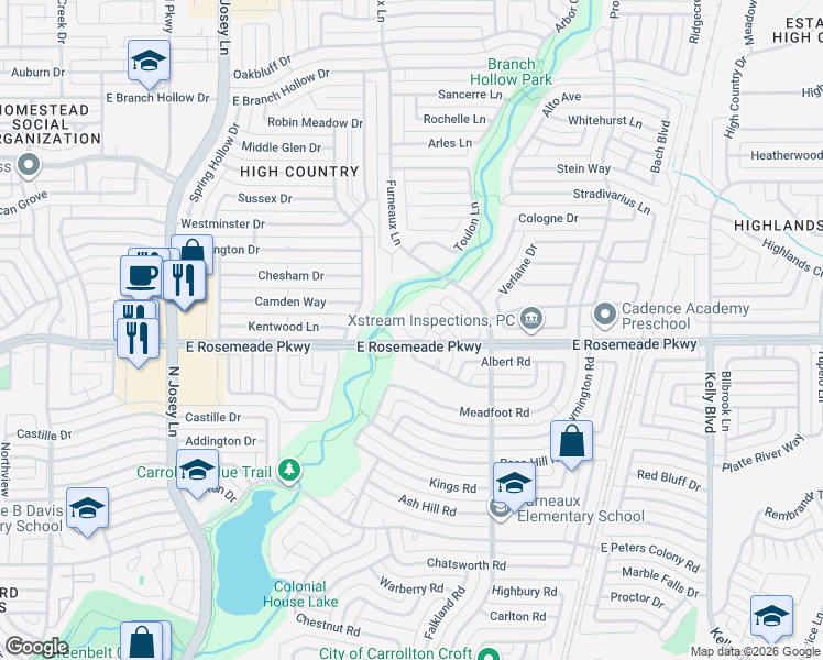map of restaurants, bars, coffee shops, grocery stores, and more near 3707 Penny Lane in Carrollton