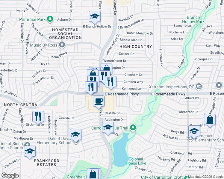 map of restaurants, bars, coffee shops, grocery stores, and more near 1910 Kentwood Lane in Carrollton
